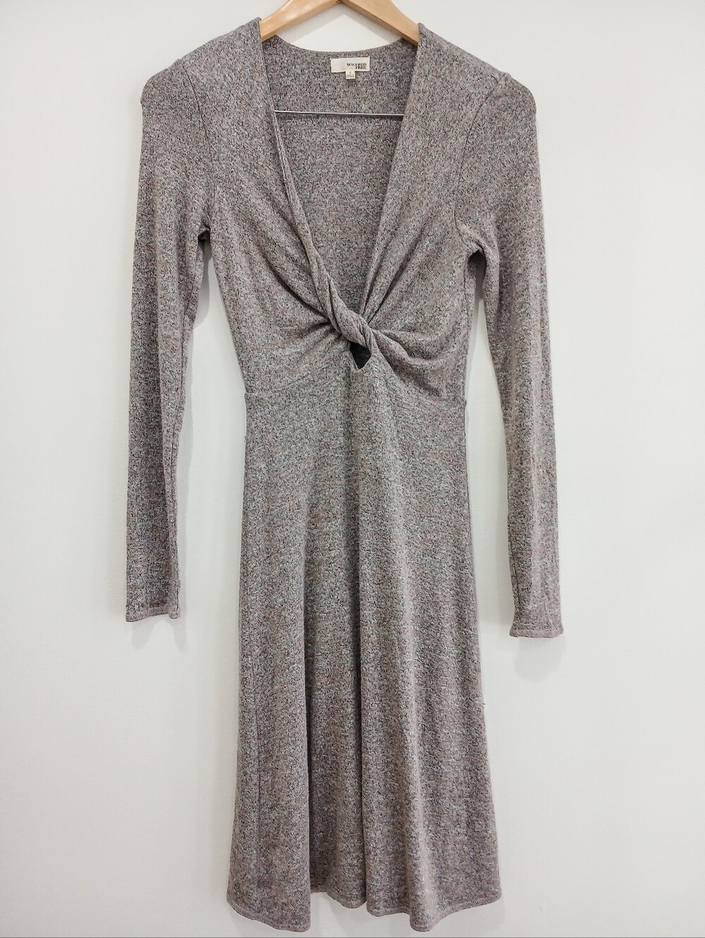 Wilfred Free Paige  Twist-Front Knit Dress Long Slv  Heather Taupe Sz S